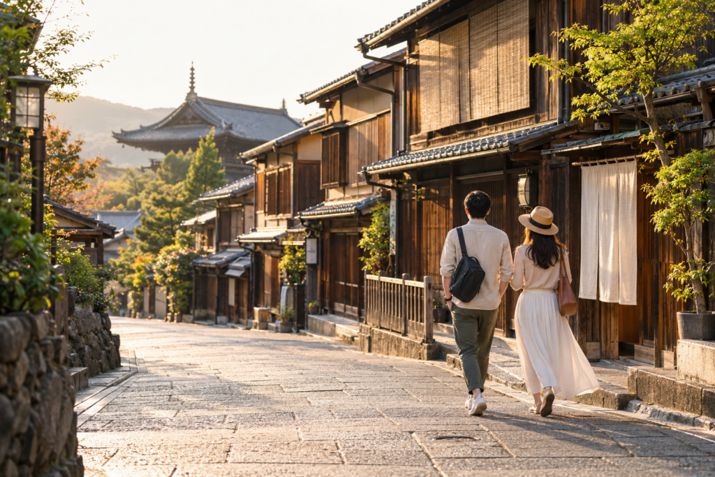 Couple walking on a historic Kyoto street